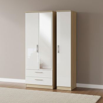 Knightsbridge White Gloss and Light Oak 3 Door 1 Mirror LHF 2 Drawer Combi Wardrobe