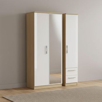 Knightsbridge White Gloss and Light Oak 3 Door 1 Mirror RHF 2 Drawer Combi Wardrobe