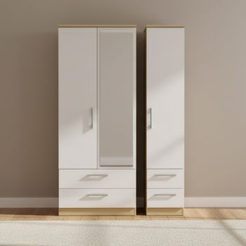 Knightsbridge White Gloss and Light Oak 3 Door 1 Mirror Combi Wardrobe