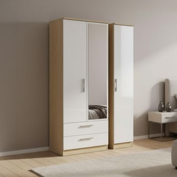 Knightsbridge White Gloss and Light Oak 3 Door 1 Mirror LHF 2 Drawer Combi Tall Wardrobe