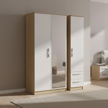 Knightsbridge White Gloss and Light Oak 3 Door 1 Mirror RHF 2 Drawer Combi Tall Wardrobe