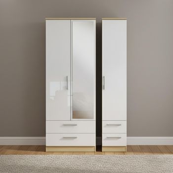 Knightsbridge White Gloss and Light Oak 3 Door 1 Mirror Combi Tall Wardrobe