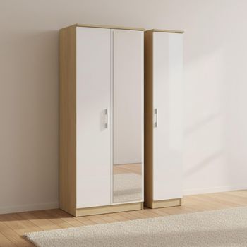 Knightsbridge White Gloss and Light Oak 3 Door 1 Mirror Triple Tall Wardrobe