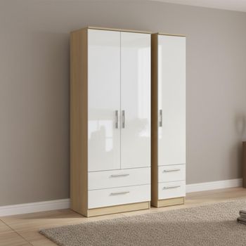 Knightsbridge White Gloss and Light Oak 3 Door 4 Drawer Triple Tall Wardrobe