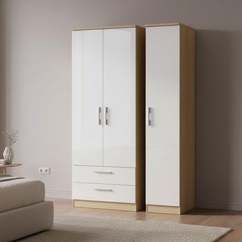 Knightsbridge White Gloss and Light Oak 3 Door LHF 2 Drawer Triple Tall Wardrobe