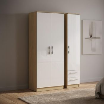 Knightsbridge White Gloss and Light Oak 3 Door RHF 2 Drawer Triple Tall Wardrobe