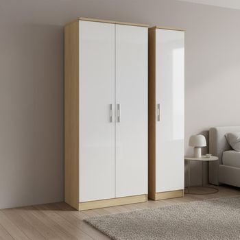 Knightsbridge White Gloss and Light Oak 3 Door Triple Tall Wardrobe