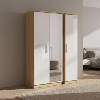 Knightsbridge White Gloss and Light Oak 3 Door 1 Mirror Triple Wardrobe