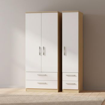 Knightsbridge White Gloss and Light Oak 3 Door 4 Drawer Triple Wardrobe