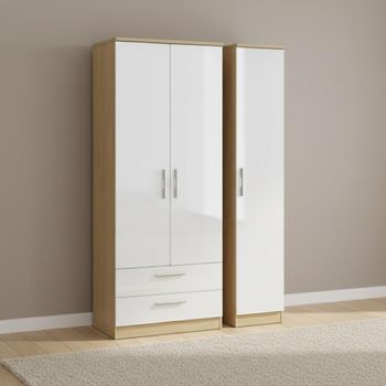 Knightsbridge White Gloss and Light Oak 3 Door LHF 2 Drawer Triple Wardrobe