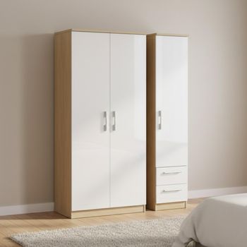 Knightsbridge White Gloss and Light Oak 3 Door RHF 2 Drawer Triple Wardrobe