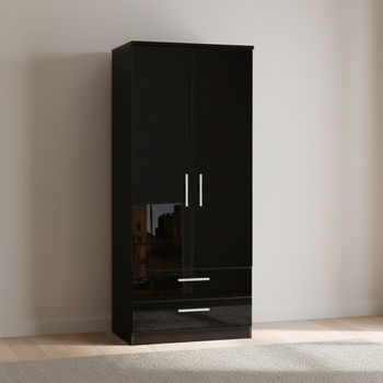 Knightsbridge Double Black Gloss 2 Door 2 Drawer Wardrobe