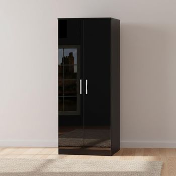 Knightsbridge Plain Black Gloss 2 Door Tall Wardrobe