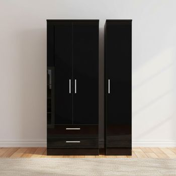 Knightsbridge Tall Black Gloss 3 Door LHF 2 Drawer Triple Wardrobe