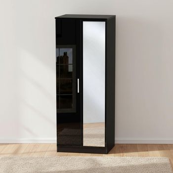 Knightsbridge Black Gloss 2 Door 1 Mirror Tall Wardrobe
