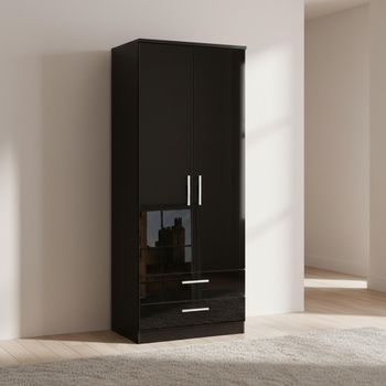 Knightsbridge Black Gloss 2 Door 2 Drawer Tall Wardrobe