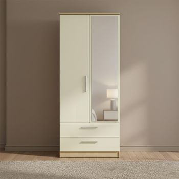 Knightsbridge Cream Gloss and Light Oak 2 Door 1 Mirror Combi Wardrobe