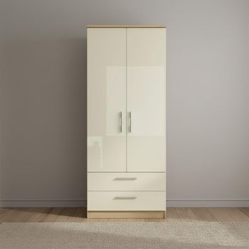 Knightsbridge Cream Gloss and Light Oak 2 Door 2 Drawer Double Wardrobe