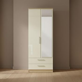 Knightsbridge Cream Gloss and Light Oak 2 Door 1 Mirror Tall Combi Wardrobe