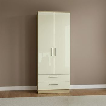 Knightsbridge Cream Gloss and Light Oak 2 Door 2 Drawer Tall Wardrobe