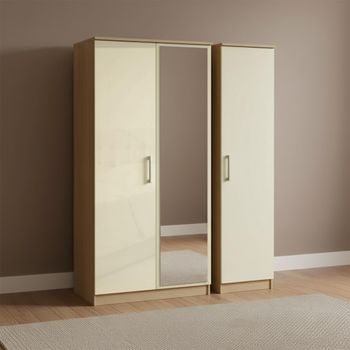 Knightsbridge Cream Gloss and Light Oak 3 Door 1 Mirror Triple Wardrobe