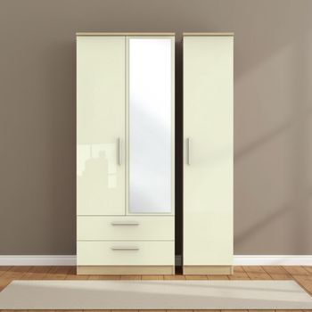 Knightsbridge Cream Gloss and Light Oak 3 Door LHF 2 Drawer Combi Triple Wardrobe