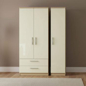 Knightsbridge Cream Gloss and Light Oak 3 Door LHF 2 Drawer Triple Wardrobe
