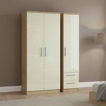 Knightsbridge Cream Gloss and Light Oak 3 Door RHF 2 Drawer Triple Wardrobe