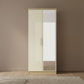 Knightsbridge Cream Gloss and Light Oak 2 Door 1 Mirror Wardrobe