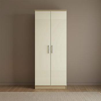 Knightsbridge Cream Gloss and Light Oak 2 Door Plain Tall Wardrobe