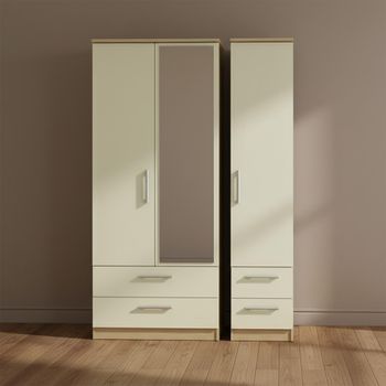 Knightsbridge Cream Gloss and Light Oak 3 Door 1 Mirror Combi Wardrobe
