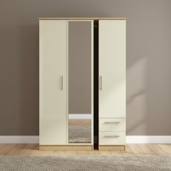 Knightsbridge Cream Gloss and Light Oak 3 Door 1 Mirror RHF 2 Drawer Combi Wardrobe