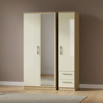 Knightsbridge Cream Gloss and Light Oak 3 Door 1 Mirror RHF 2 Drawer Tall Combi Wardrobe