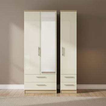 Knightsbridge Cream Gloss and Light Oak 3 Door 1 Mirror Tall Combi Wardrobe