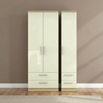 Knightsbridge Cream Gloss and Light Oak 3 Door 4 Drawer Tall Triple Wardrobe