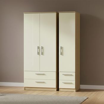 Knightsbridge Cream Gloss and Light Oak 3 Door 4 Drawer Triple Wardrobe
