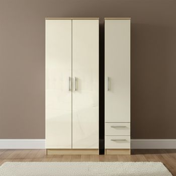 Knightsbridge Cream Gloss and Light Oak 3 Door RHF 2 Drawer Tall Triple Wardrobe