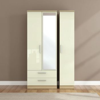 Knightsbridge Cream Gloss and Light Oak 3 Door Tall Combi 1 Mirror LHF 2 Drawer Wardrobe