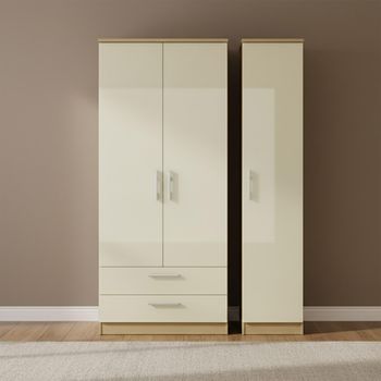 Knightsbridge Cream Gloss and Light Oak 3 Door LHF 2 Drawer Tall Triple Wardrobe