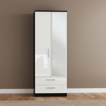 Knightsbridge White Gloss and Black 2 Door 1 Mirror Tall Combi Wardrobe