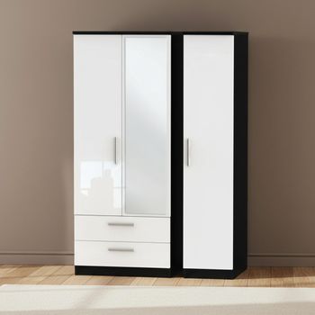 Knightsbridge White Gloss and Black 3 Door 1 Mirror LHF 2 Drawer Combi Wardrobe