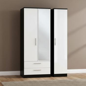 Knightsbridge White Gloss and Black 3 Door 1 Mirror LHF 2 Drawer Tall Combi Wardrobe