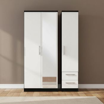 Knightsbridge White Gloss and Black 3 Door 1 Mirror RHF 2 Drawer Combi Wardrobe