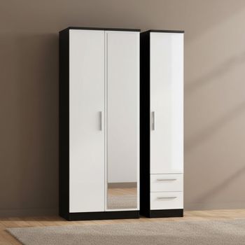 Knightsbridge White Gloss and Black 3 Door 1 Mirror RHF 2 Drawer Tall Combi Wardrobe