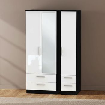 Knightsbridge White Gloss and Black 3 Door 1 Mirror Tall Combi Wardrobe