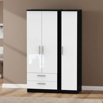 Knightsbridge White Gloss and Black 3 Door LHF 2 Drawer Tall Triple Wardrobe