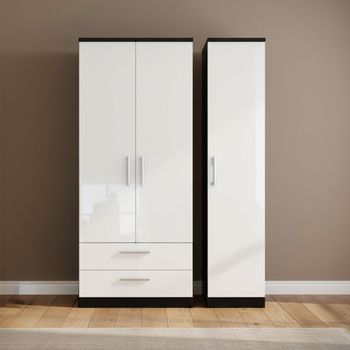 Knightsbridge White Gloss and Black 3 Door LHF 2 Drawer Triple Wardrobe