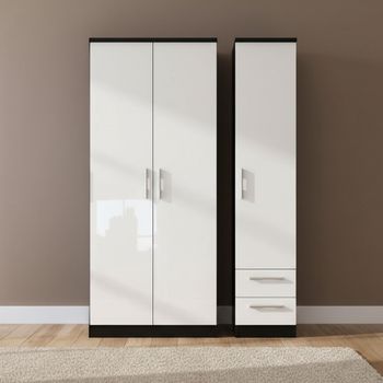 Knightsbridge White Gloss and Black 3 Door RHF 2 Drawer Tall Triple Wardrobe