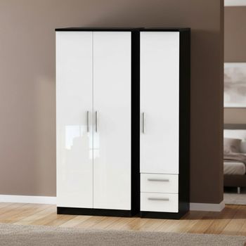 Knightsbridge White Gloss and Black 3 Door RHF 2 Drawer Triple Wardrobe