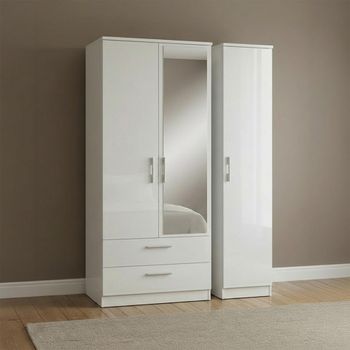 Knightsbridge White Gloss 3 Door 1 Mirror LHF 2 Drawer Combi Wardrobe
